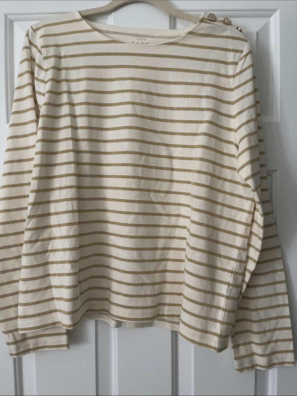 J. Crew Cream Long-Sleeve Striped Crewneck with Button Shoulder